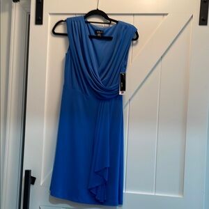 Sleeveless Cobalt Blue Draped V-Neck Midi Dress